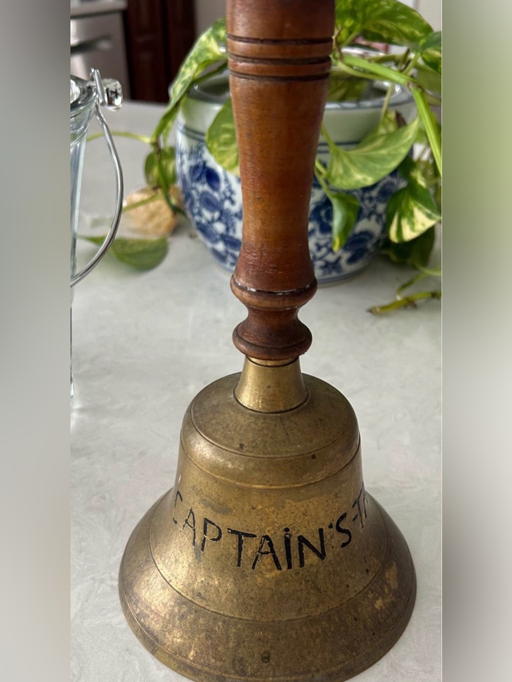 Vintage Brass Hand Bell with Wooden Handle - 'CAPTAIN'S TABLE”
